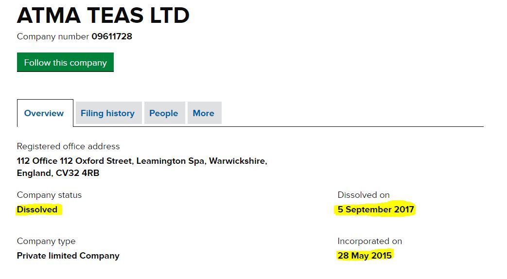 Now 5thATMA TEAS LTDIncorporate in 2015 and dissolved in 2017 in just 2 yearAgain this is Dormant Company!Also change name in between!