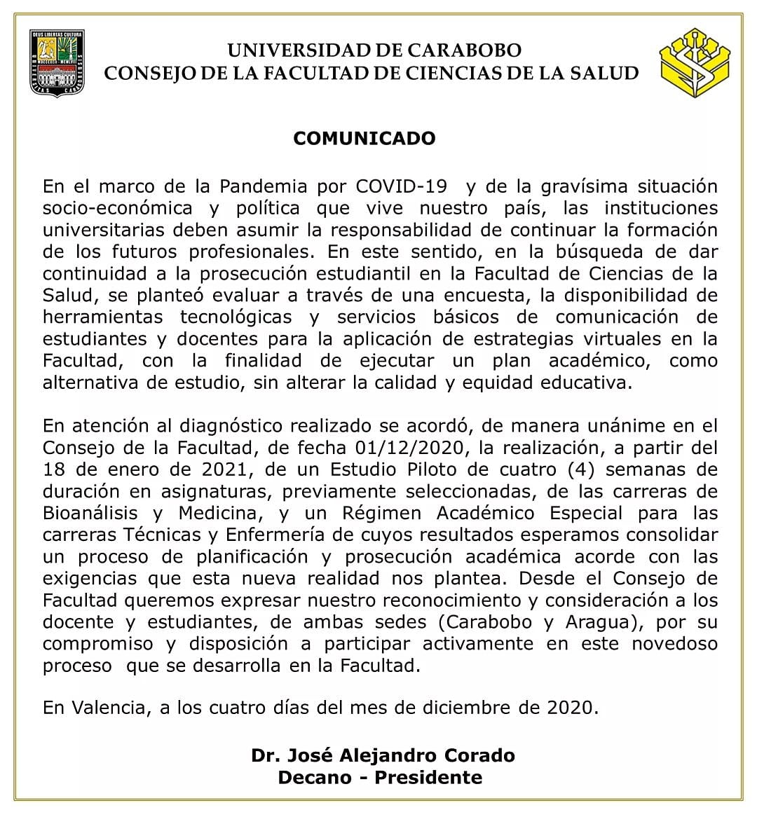 Comunicado en relación al Estudio Piloto de cuatro semanas de duración a partir del 18 de enero de 2021 en asignaturas previamente seleccionadas de las carreras de Bioanálisis y Medicina y el Régimen Académico Especial para las carreras Técnicas y Enfermería.
