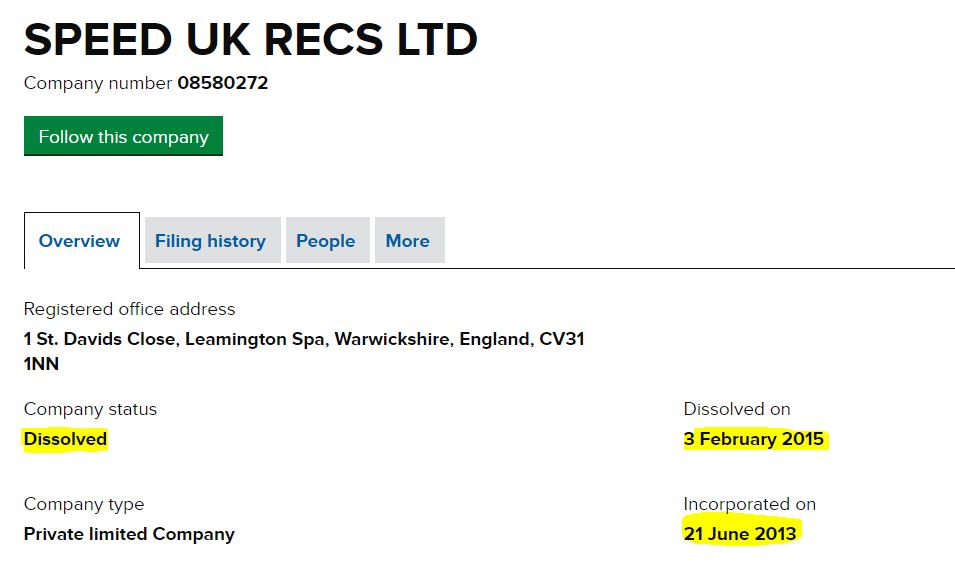 8thSPEED UK RECS LTDIncorporate in 2013 and dissolved in 2015 in just 2 yearNature of business is also not mentioned!Also change name in between!Partner is Dinesh Auluck, Owner of Speed record India!