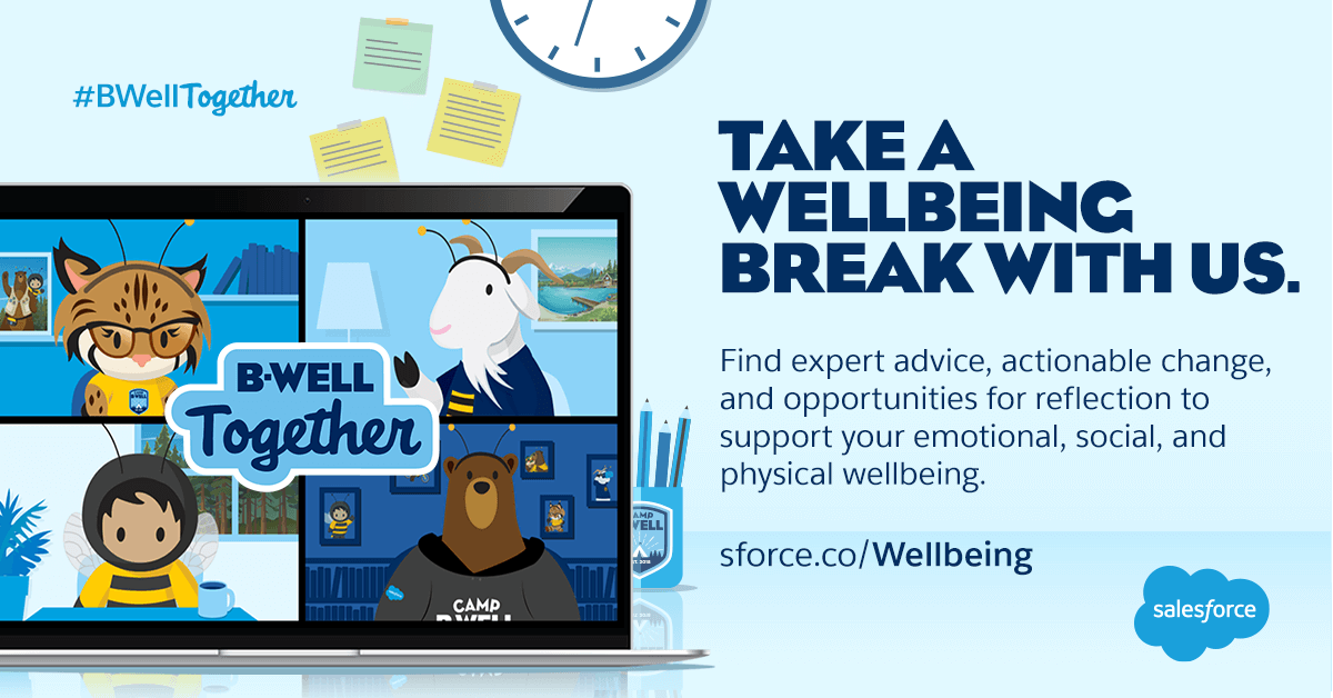 salesforcejobs's tweet photo. Have you taken a wellbeing break today? Spend a few minutes with #BWellTogether — originally created for Salesforce employees and now open to everyone. See the schedule to join us live or watch a video now.