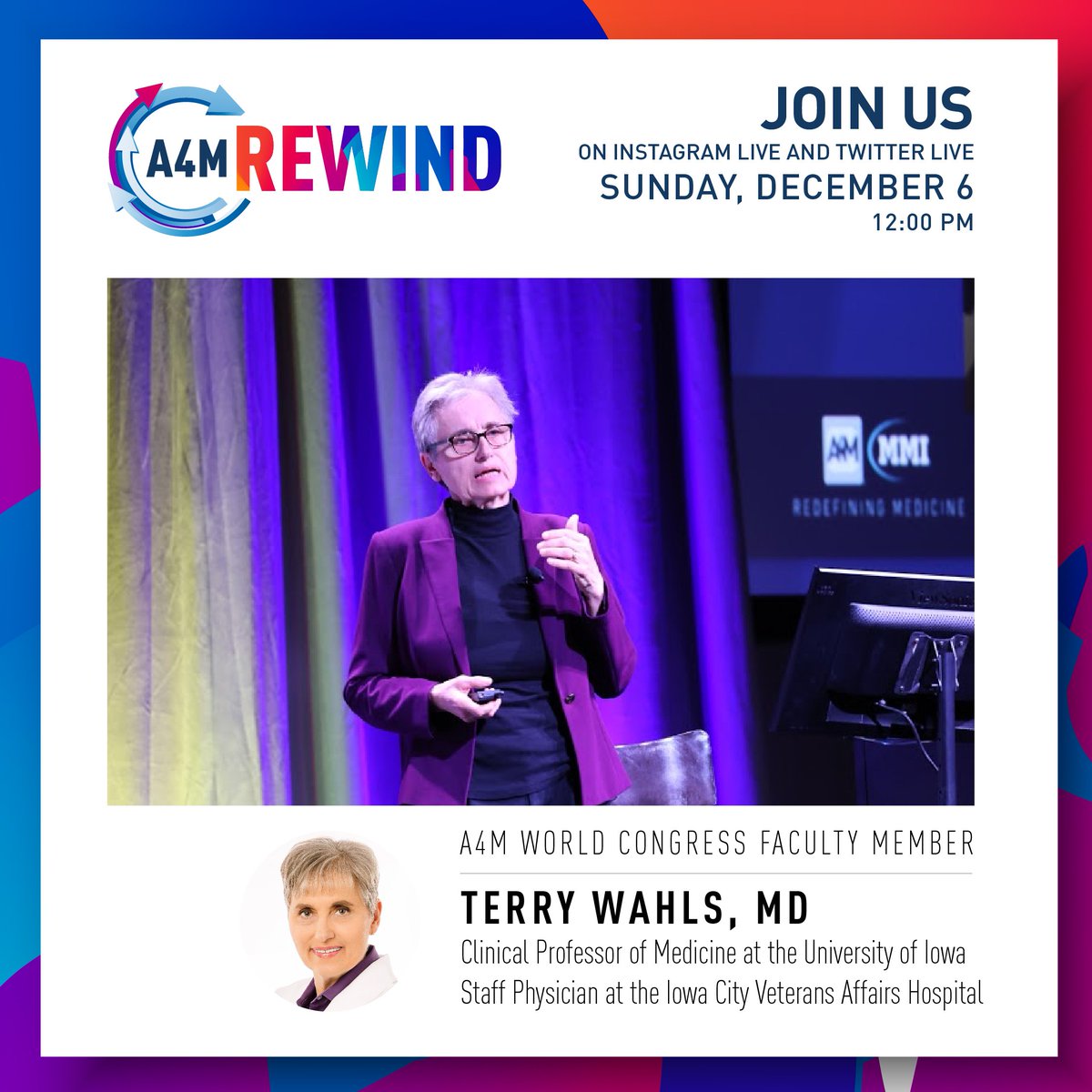 A4MEvents's tweet photo. Tune in TOMORROW to A4M Rewind on Twitter LIVE with #A4M World Congress Faculty Member @terrywahls MD at 12 pm EST as we countdown to her upcoming Wahls Protocol presentation on Sat. December 12: https://t.co/xD8xXXCFH2
#MedicalEducation #multiplescelerosis #autoimmunedisease https://t.co/yyFSdM6E3X
