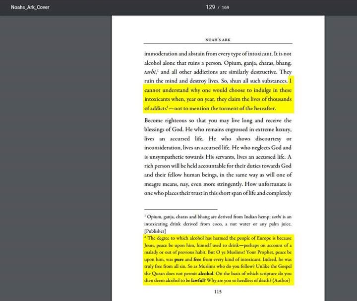 Il accuse également ‘Issa عليه سلم d’être la cause de l’abus de l’alcool en Europe. Il dit également que ‘Issa عليه سلم est un menteur, obscène et avait des grands mères prostituées. Qu’Allah châtie Mîrzâ.