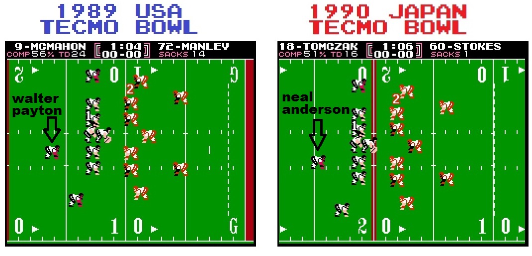 Look at the changes. McMahon vs Tomczak at QB. Note that Dexter Manley is replaced by Stokes. Odd because Manley was w/ WSH in 89. Payton was replaced by Neal Anderson on 1990 Japan Tecmo. Marcus Allen w/ LA was replaced by Steve Smith. Smith is really slow BTW.