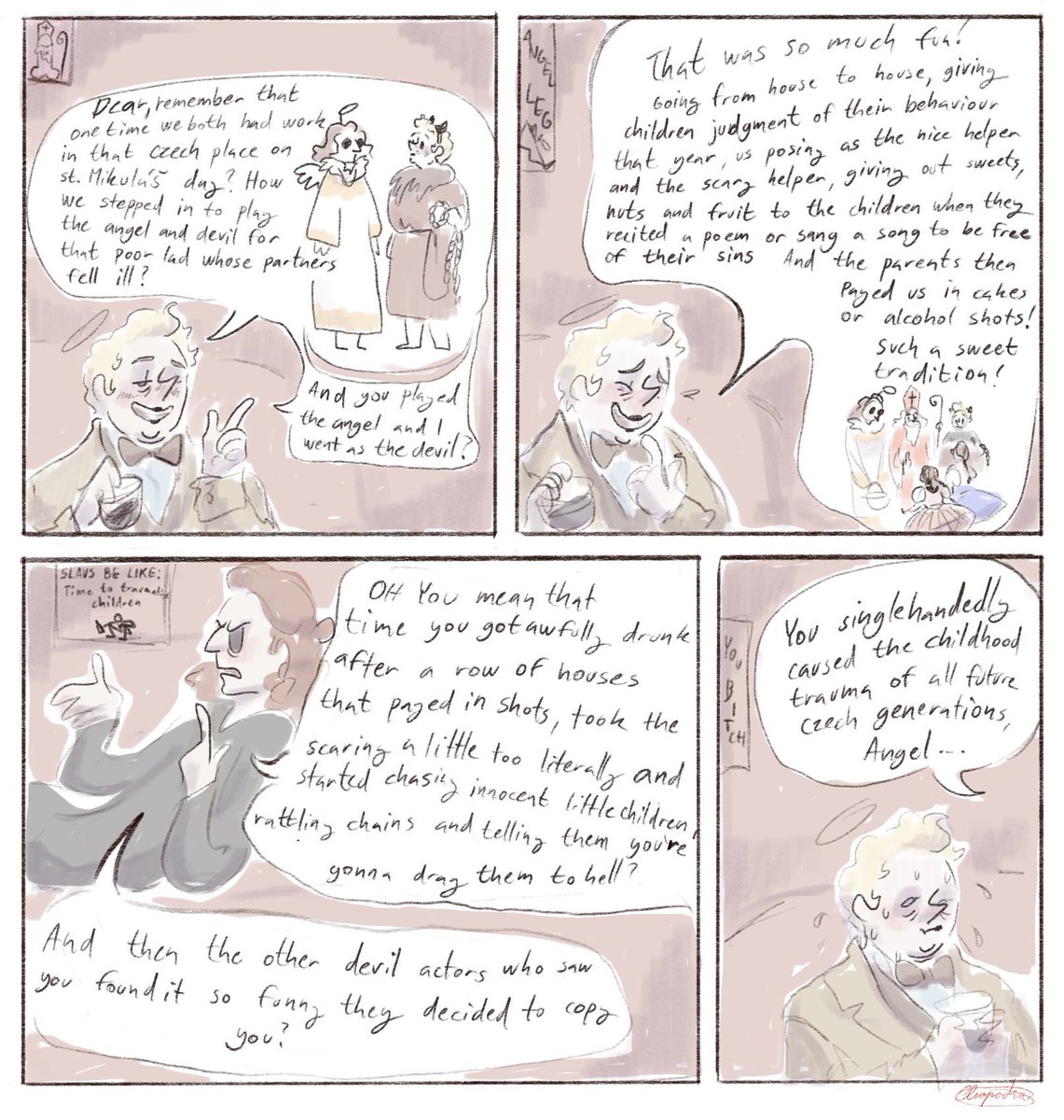 Cliopadraart's tweet image. I am 21 years old. I’m from an atheist family. I never believed in hell. But I hear the rattling of chains on the street on the 5th of December and I AM LEGGING IT.
#GoodOmens #GoodOmensFanArt #Mikuláš #stnicholasday #ineffablehusbands