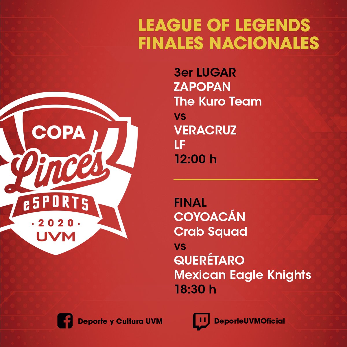 Ernesto_RiveraR's tweet photo. #CopaLinces🏆🎮 ¡Listos los encuentros que decidirán las medallas de la Copa Linces eSports UVM 2020. Hoy a partir de las 12:00 h, las transmisiones en-vivo con casters de lujo, a través de nuestros canales 👉🏼 https://t.co/PVxzew0uMn y https://t.co/b3WXO2hi0j #SomosLinces https://t.co/Jyx1W7ua6w