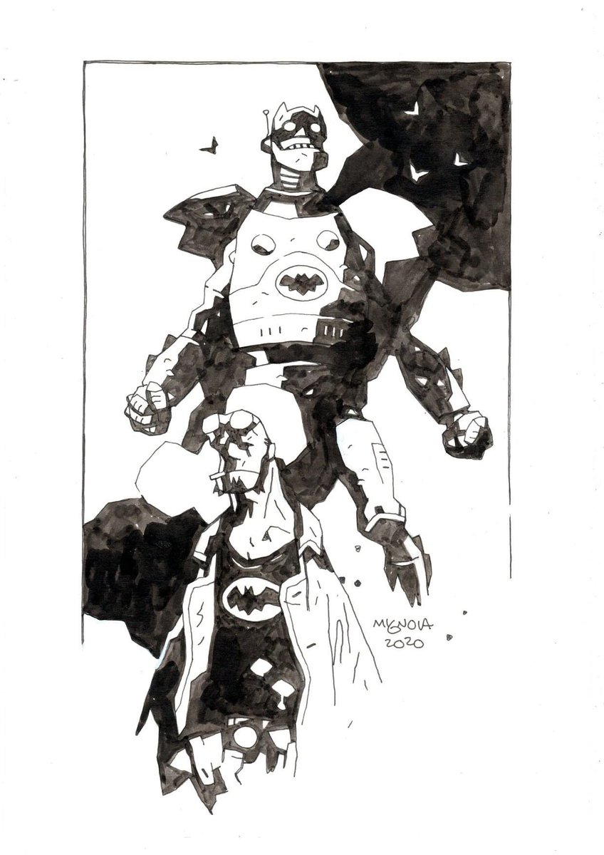 The return of Giant Robot Batman.
Hellboy is wearing his old Batman t-shirt so Giant Robot Batman will know they are friends.
This will be included in one of our final charity auctions, later this month. 