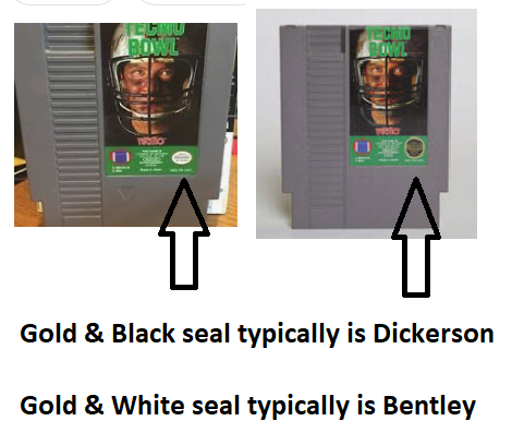 Dickerson was replaced on subsequent copies of 1989 USA Tecmo Bowl by the much slower Albert Bentley. Dickerson copies typically have the black & gold seal. Bentley is associated w/ the white & gold seal. Our tourney only uses the Dickerson version because he's awesome!