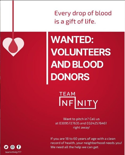 TeamInfinity777's tweet photo. Team Infinity is questing for members of *Blood Management Team.* We need active members.
And also we are looking for *Blood Donors.*

If you want to be a part of this team, fill the form given:
https://t.co/fxR0jh9L17

*Contact number:*
+92 313 0536777
#teaminfinity777 https://t.co/AwvjiGUxFw