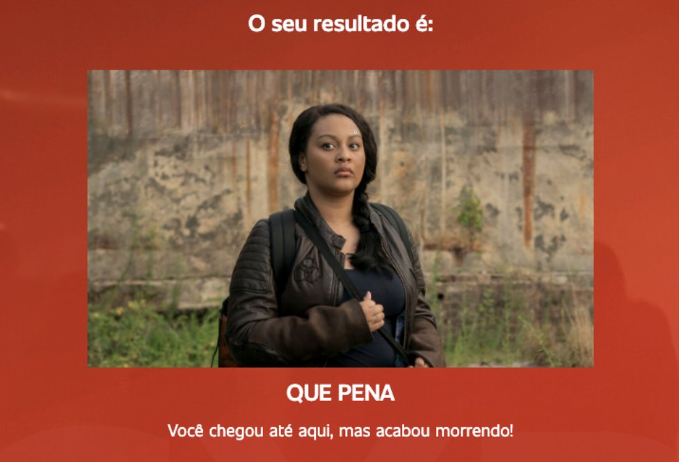 RaonyPhillips's tweet photo. HEHHEHE đ eu nĂŁo sobreviveria num apocalipse zumbi kkkk o auge. E vcs? Sobreviveriam? descobre aqui: https://t.co/gnHjpRmBR1 #AMCnaCCXP #TWDWorldBeyond https://t.co/t1DEaPPz8M