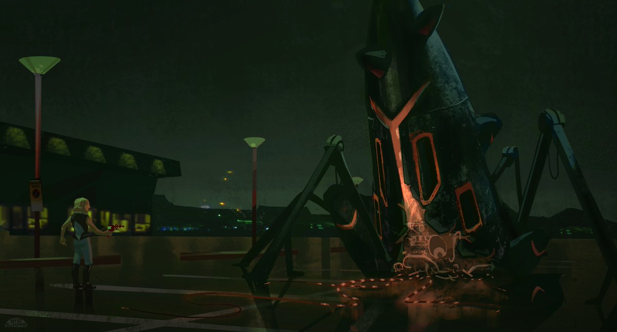 redsummerart's tweet image. An old piece from earlier this year. I recently revamped a lot of my earlier works, including this one, and am super looking forward to sharing :D

Also if you have a name for this spooky boi lmk. He&apos;s like a... parking lot virus? or smth lmao

#conceptart #evilrobot #environment