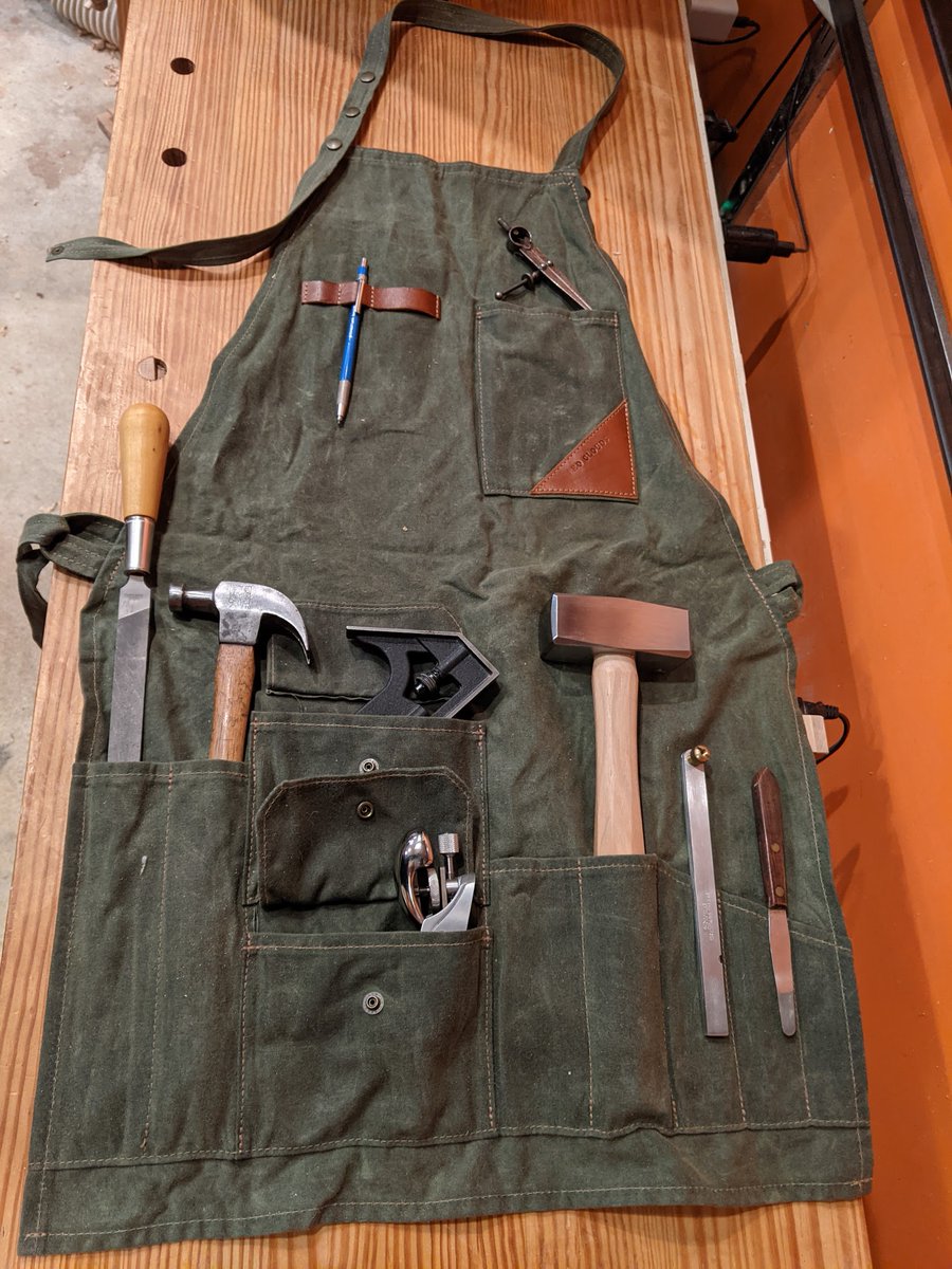 I'm going to start with the tools that travel with the chest, but don't normally live in the chest. These tools are stored in a tool wrap apron when they are in the chest, and on either the wall tool rack or the bench tool rack when I'm at home.
