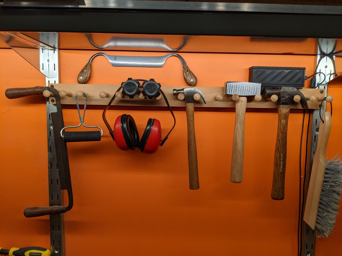 I'm going to start with the tools that travel with the chest, but don't normally live in the chest. These tools are stored in a tool wrap apron when they are in the chest, and on either the wall tool rack or the bench tool rack when I'm at home.