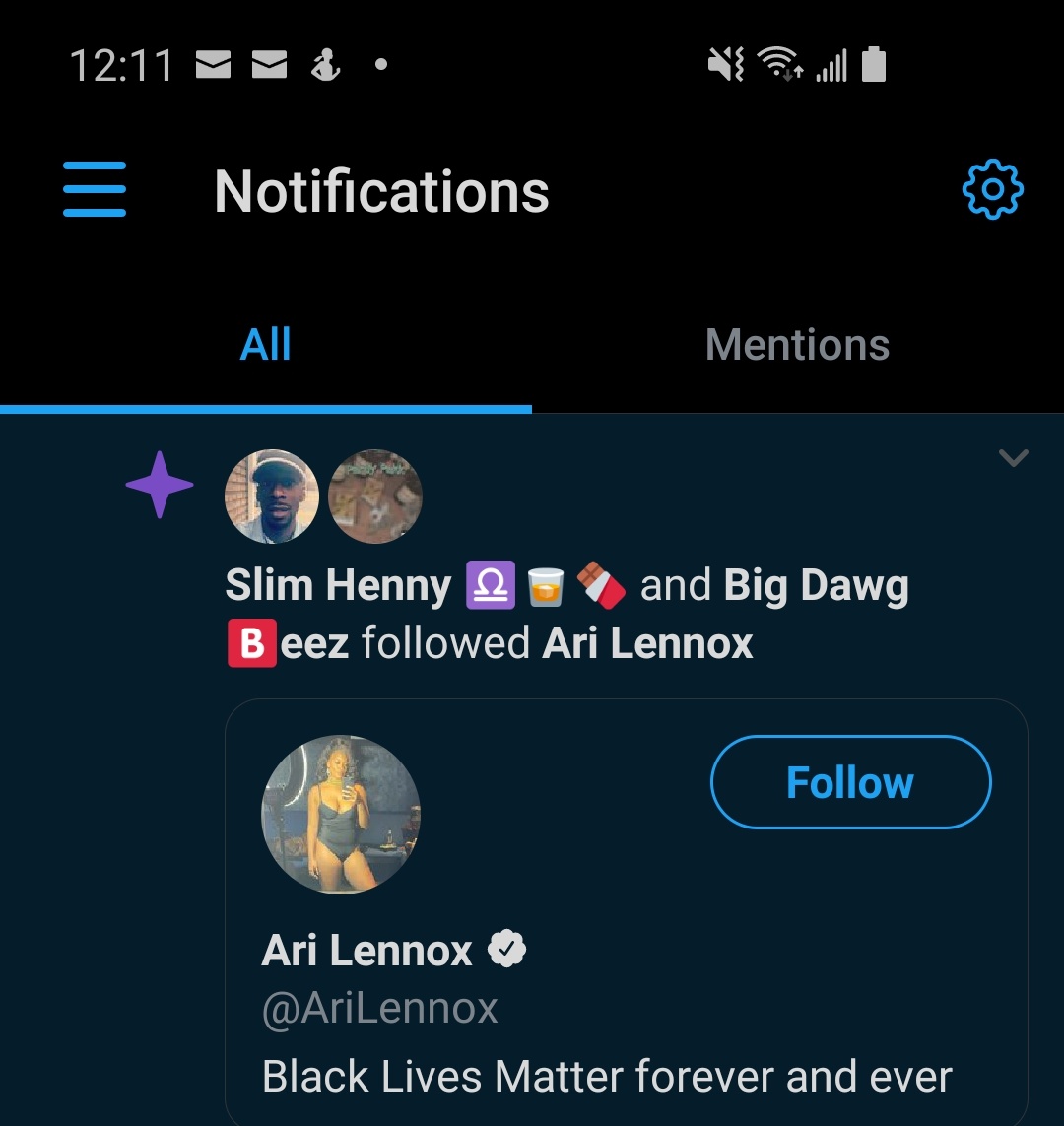 At quick glance I thought it said she followed me 😭😭 <a href="/AriLennox/">Ari Lennox</a> I was boutta cry
