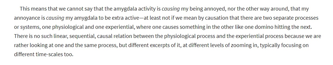 Such linear causation b/w brain states & mental states is also disputed by de Haan: "we cannot say that the amygdala activity is *causing* my being annoyed, nor the other way around, that my annoyance is *causing* my amygdala to be extra active" (2020) /8