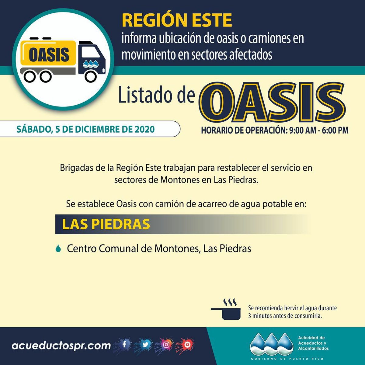 AcueductosPR's tweet photo. [Informamos] Camiones cisterna que estarán disponibles hoy sábado, 5 de diciembre a partir de las 9:00 AM hasta las 6:00 PM para suplir #AguaPotable a residentes del sector #Montones del municipio de #LasPiedras #RegiónEste💧🚛👇🏽 https://t.co/H4Pr0QNsA5
