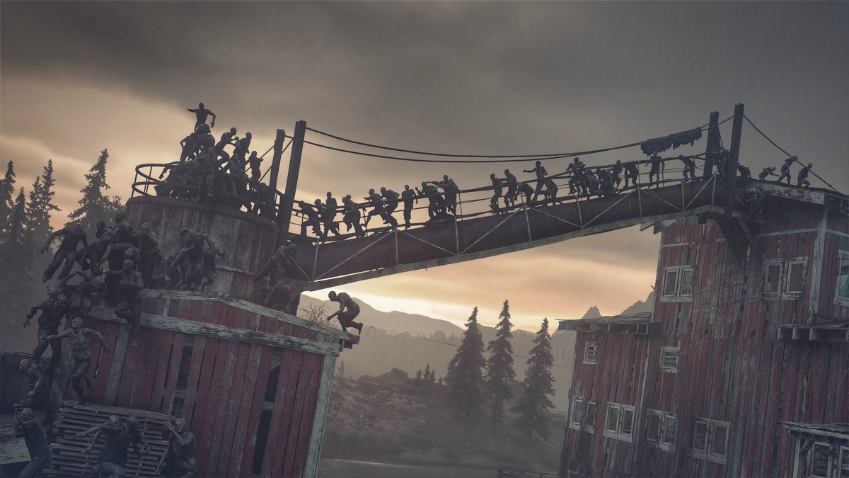 In honor of  @JakeRocket, here is a thread of photos from the Old Sawmill. A huge technical achievement with 500 Freakers on screen at the same time, combining elements of horror, strategy and pure adrenaline creating an iconic mission on the PS4 console.  #DaysGone