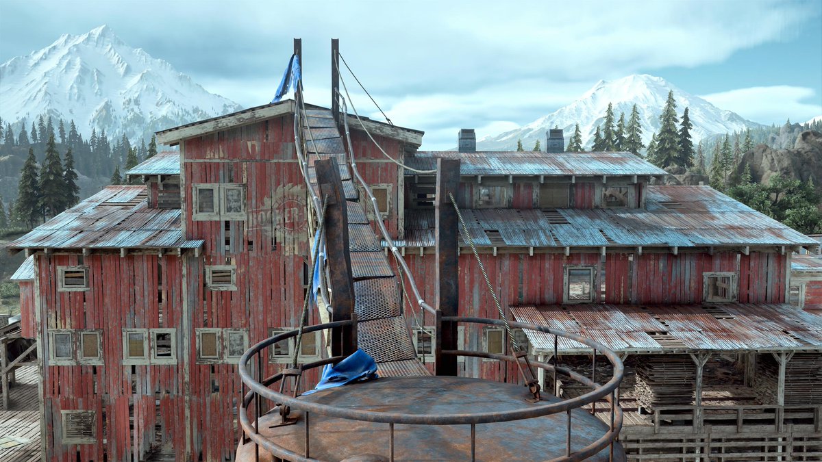 In honor of  @JakeRocket, here is a thread of photos from the Old Sawmill. A huge technical achievement with 500 Freakers on screen at the same time, combining elements of horror, strategy and pure adrenaline creating an iconic mission on the PS4 console.  #DaysGone