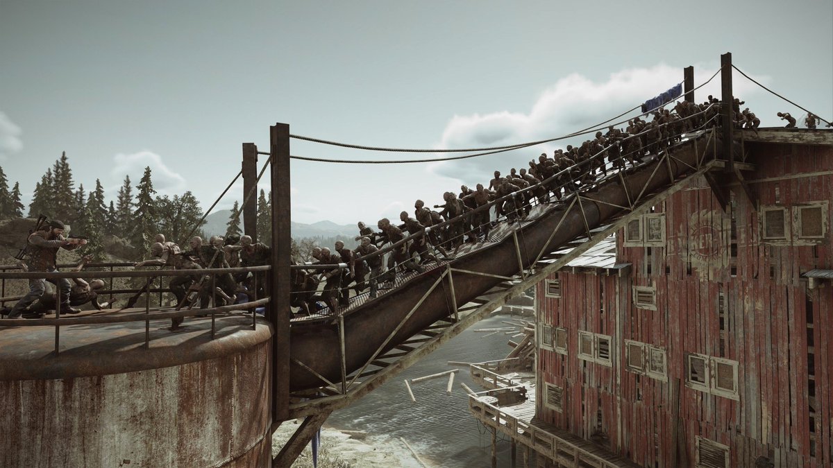 In honor of  @JakeRocket, here is a thread of photos from the Old Sawmill. A huge technical achievement with 500 Freakers on screen at the same time, combining elements of horror, strategy and pure adrenaline creating an iconic mission on the PS4 console.  #DaysGone