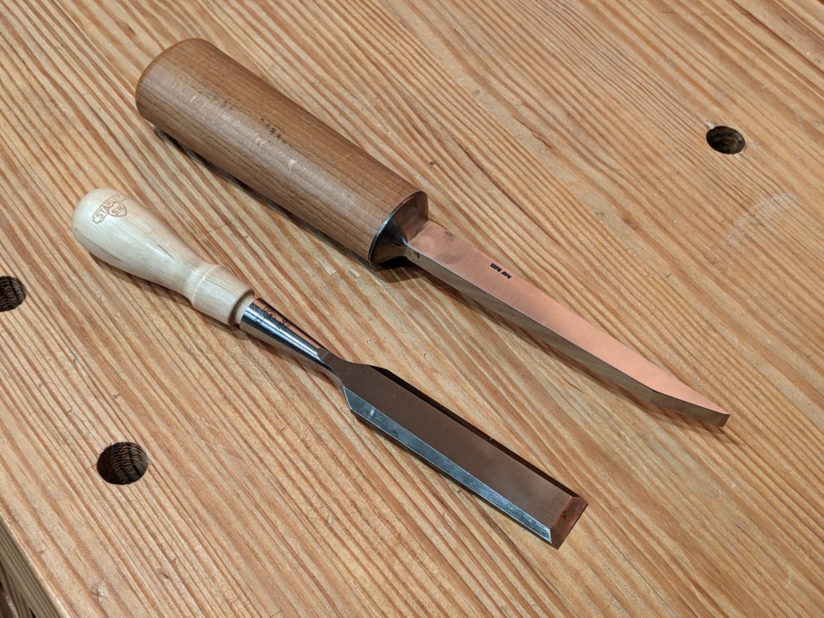 Also in the bench toolrack, but not making the travel kit, is a 3/8" Ray Isles English Mortising Chisel and a 1" Stanley Sweetheart Bench Chisel. I have other sizes of these tools inside the chest, and probably wouldn't re-buy them, but I keep them in the rack since I own them.