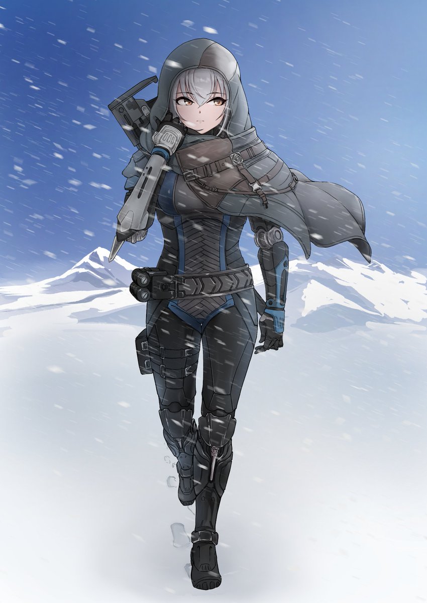 1girl solo weapon gun snow hood walking  illustration images