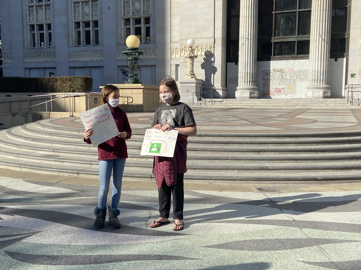 Ophelia and Leah, students at Crocker elementary. “Everybody wants to go back to school.” “As much as I like spending my whole day with my cats, I want to see my friends.”