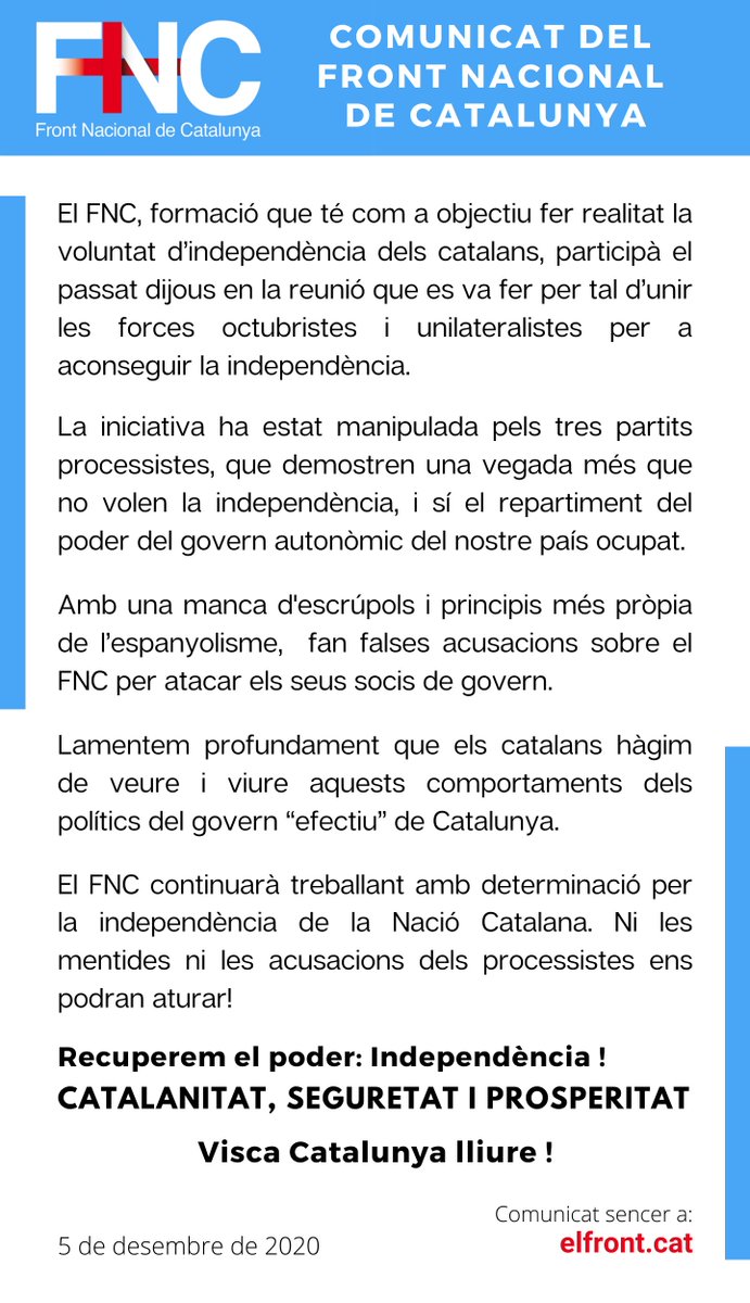 FNCatalunya's tweet photo. 🔴El processisme fa un espectacle lamentable per repartir-se el govern autonòmic amb falses acusacions sobre el FNC, partit indepentista. Vegeu imatge adjunta.
Comunicat sencer a: https://t.co/s4jtWYAbX4
#FemFront per l'#EstatCatalà https://t.co/SypIZek15L