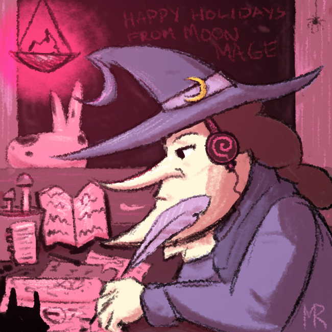 BigThrowdown's tweet photo. 🌜 BBT ADVENT CALENDAR DAY 5 🌛

With the academic semester over, Moon Mage listens to sweet lo-fi jams while transcribing some forbidden spells. We love to see it.

#bbt #adventcalendar #bbtadvent2020
#cardgame #lofi #wizard https://t.co/LVODcIJZCS