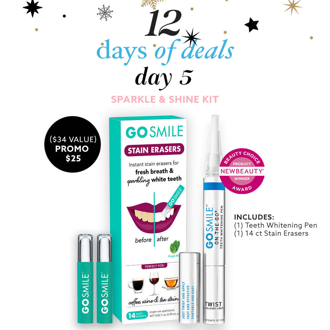 GoSmile's tweet image. Day 5 of our 12 Days of Deals with exclusive Holiday Kits. Enjoy this sparkling duo for brighter teeth and fresh breath everywhere you go! ✨✨✨