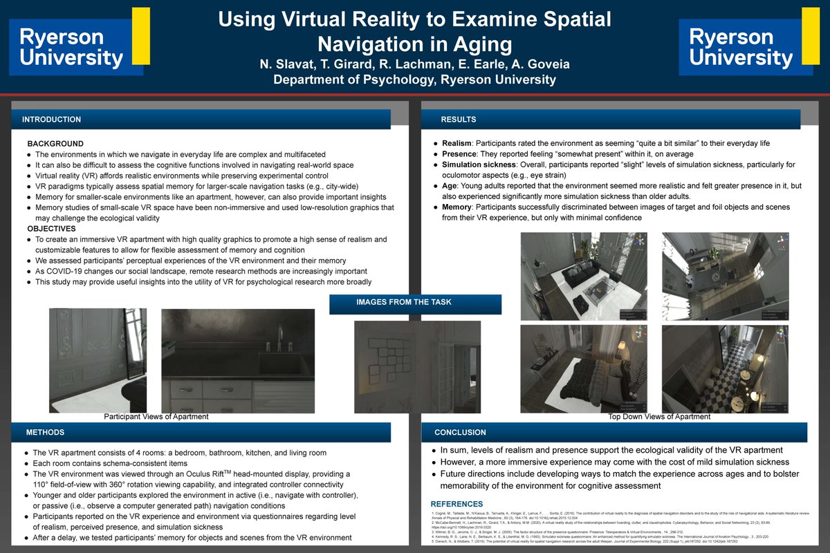 @KnowNeuropsych Using Virtual Reality to Examine Spatial Navigation in Aging
Authors: @natgreenspoon , @tgirard2, R. Lachman, @elizabeth_a_e, A. Goveia
Department of Psychology, Ryerson University

 #KNPoster15 

#KN2020Research

#KNPosterSession2020