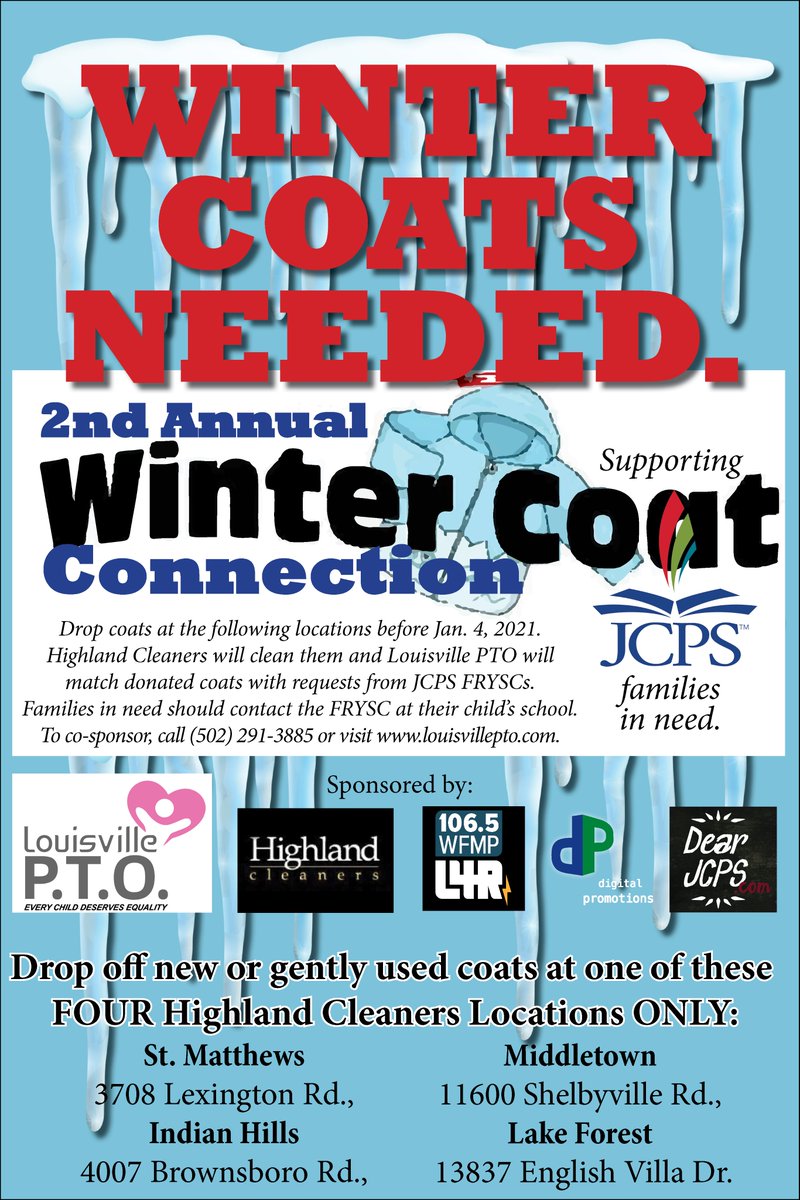 Louisville_PTO's tweet photo. Help us keep @JCPSKY's most vulnerable families warm this winter. Donate new or gently used coats to @Louisville_PTO thru Jan. 4, 2021. Here's how: @JCPSSuper @JamesDeVille @joe4d4 @dporterJCPS @cmkolb @SarahColeMcInt1 @BradyJCPSBOE @Shull4JCPS @lindadduncan1 @JCPSDEP1 @JCPSRenee https://t.co/jShMlA3KhW