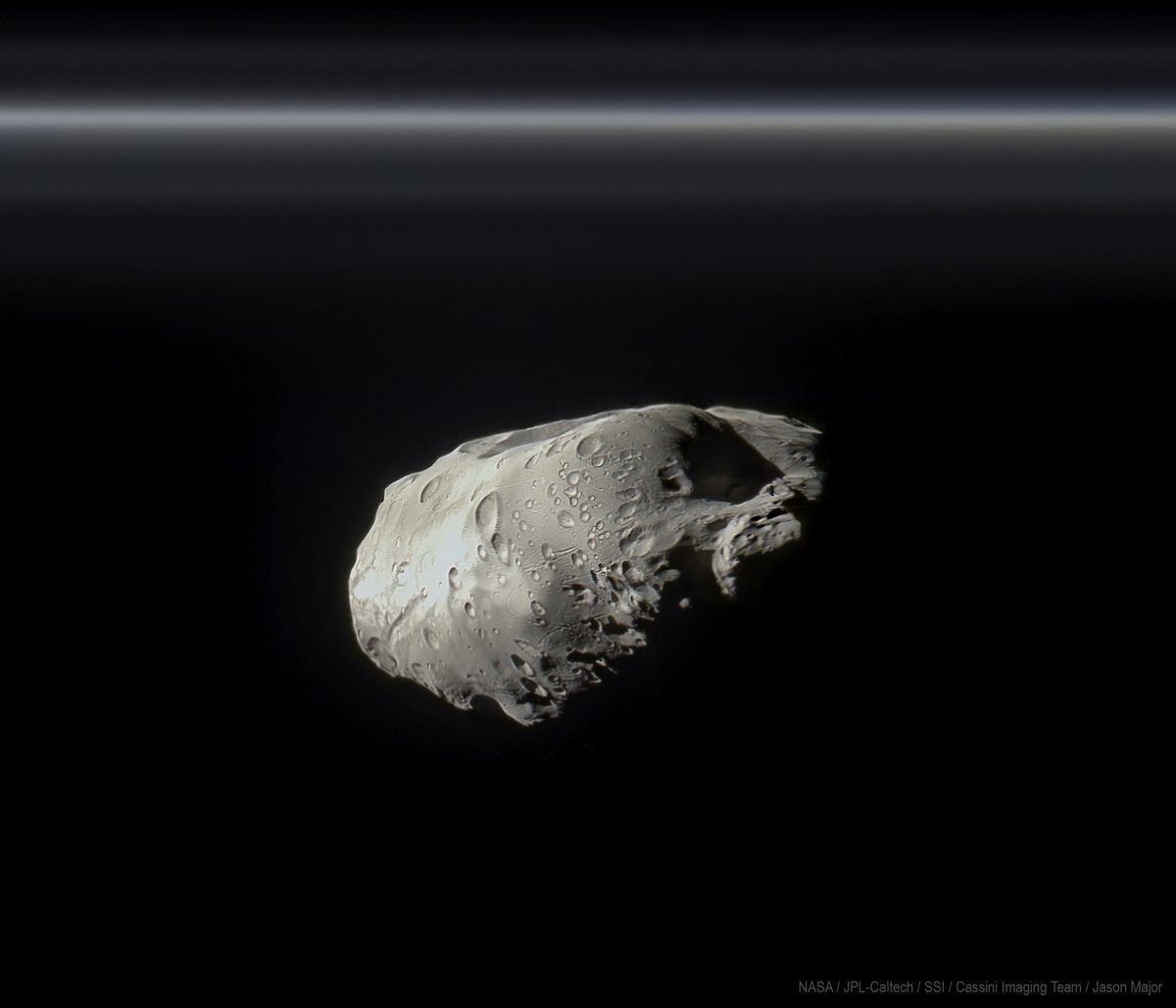 Saturn's moon Prometheus, imaged by  #Cassini on December 6, 2015. The F ring can be seen in the background at top.