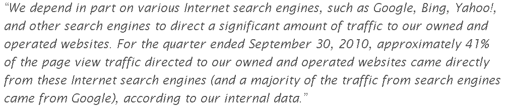 Major partner dependencies: Investors don't like companies too dependent on partners because the company is exposed to issues out of the control of management. No one wants a partner policy or algorithm change to have unpredicted negative impacts.ex: Demand dependence on Google