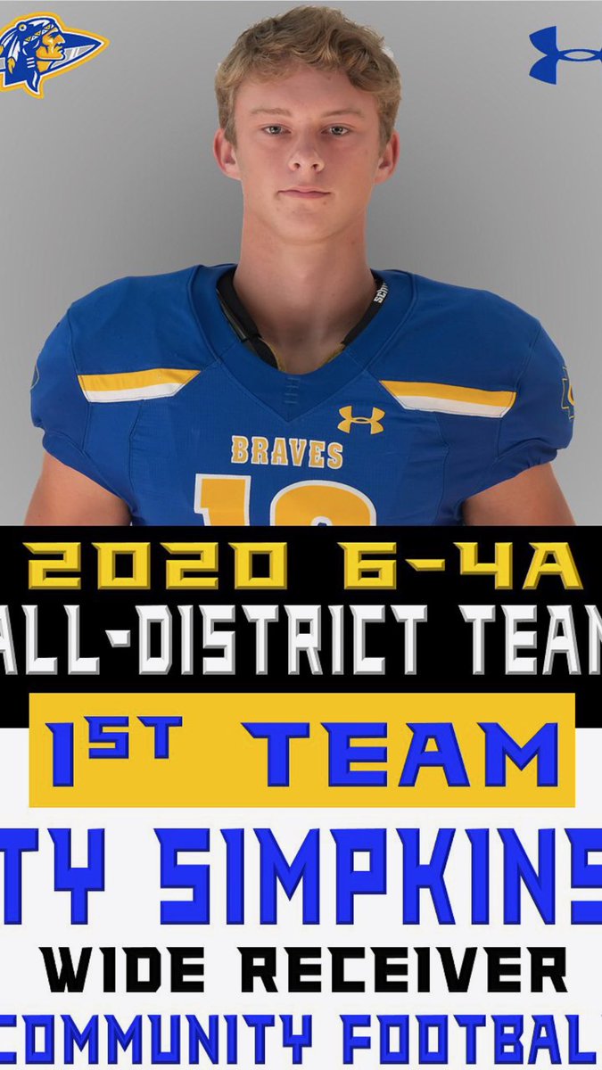 TySimpkins20's tweet photo. Honored to be chosen as All-District 1st team wide receiver! #Seniorseason #Uncommitted #BraveNation https://t.co/EShjxgJfnm
