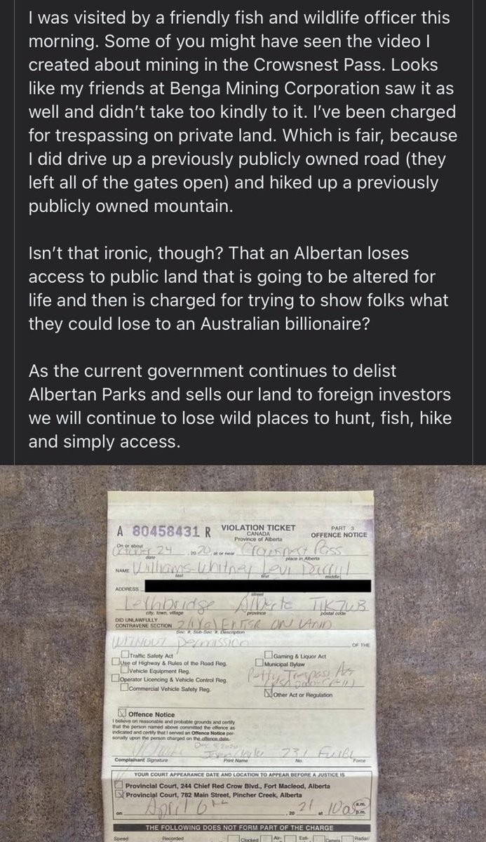 Becky Best (@bestbertwistle) on Twitter photo 2020-12-06 18:09:11 Local hunter films video on formerly public land slated to become a coal mine. Australian mining company doesn’t like the video, calls their pals in the Gov of Alberta, fish cop shows up on his door with a $600 ticket. #AbLeg #DefendABParks Local hunter films video on formerly public land slated to become a coal mine. Australian mining company doesn’t like the video, calls their pals in the Gov of Alberta, fish cop shows up on his door with a $600 ticket. #AbLeg #DefendABParks