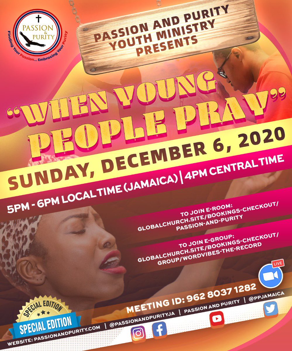 ppjamaica's tweet photo. Passion and Purity’s Youth Ministry invites you to our live E-Room session this Sunday at 4:00pm Central time (US&amp;Canada) 5:00pm Eastern time (JA).

Click the links below to find out how to join:

E-Group: https://t.co/CBjBOOD5wI

E-Room : https://t.co/13aOnHHsXr https://t.co/Sz9N8Imm5z