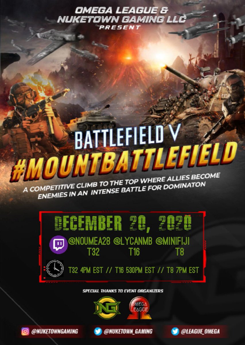 league_omega's tweet photo. Join us December 20th, 2020 at 4PM EST. We want eSports! The Community Has Spoken!
#mountbattlefield #mtbf #omegaleague #nuketowngaming #battlefield5 #battlefield #battlefield6 #esports #onlyinbattlefield #battlefieldmoments @mlg @gamebattles @battlefield @ea_dice @PartWelsh https://t.co/qqHpKS7OTs