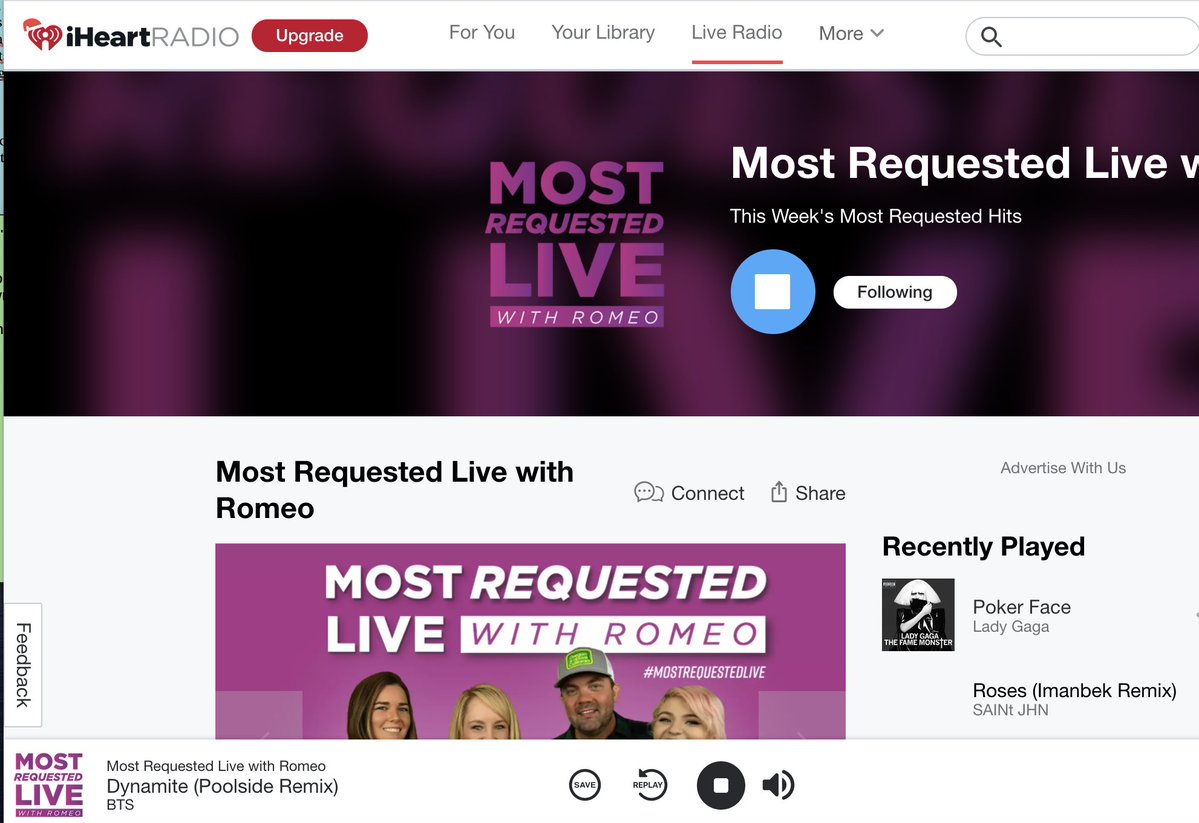 hcohnmit's tweet photo. thanks @OnAirRomeo for playing the #Dynamite #PoolsideRemix by @BTS_twt on Most Requested Live!! love to hear this version of the song!! 💜🥳🥰 https://t.co/2KxSCN2eyO