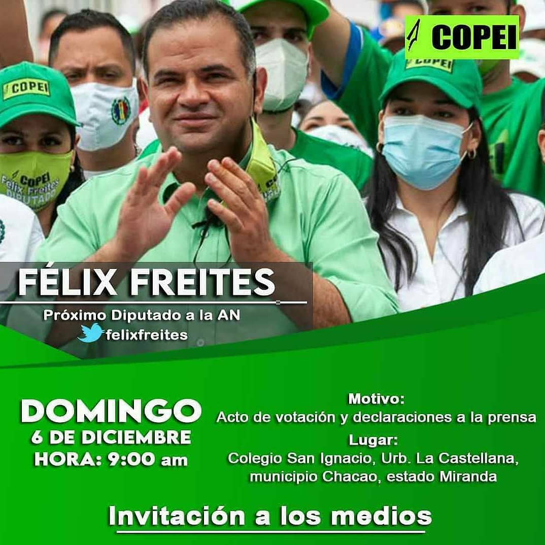 felixfreites's tweet photo. Mañana #06Dic a las 9:00 am los invito al acto de votación y declaración a la prensa desde el Colegio San Ignacio, en Chacao y a las 10:00 am Enrique Mendoza, líder nacional de Copei votará en el Colegio Yale del Municipio Sucre. https://t.co/sZsv3m9cKS