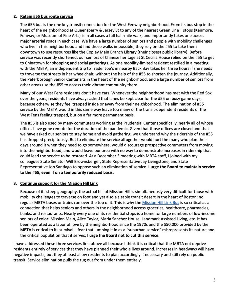 KenzieBok's tweet photo. The proposed @MBTA cuts would devastate my district. On Friday I submitted a 4-page (!) comment letter asking the FMCB 1) NOT to vote in the overall cuts & 2) NOT to cut entire services people rely on, like E Line to Heath St, #Fenway 55 bus, & #MissionHill Link! #bospoli #mapoli https://t.co/ihQNG0W0CZ