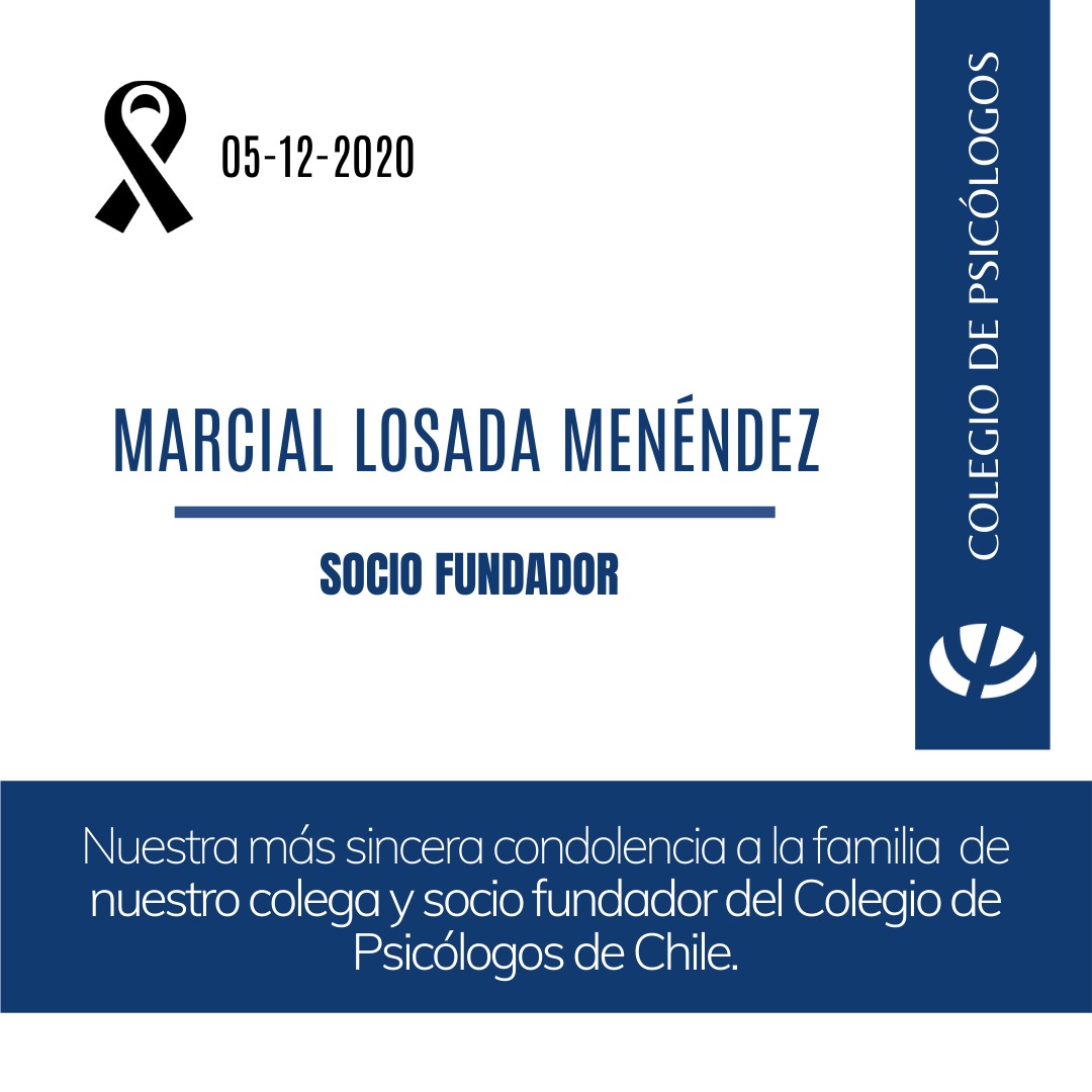 colpsichile's tweet photo. Lamentamos informar el sensible fallecimiento de nuestro colega y socio fundador Marcial Losada Menéndez.
.
Un abrazo contenedor a la familia.
.
#colpsi #colegiosepsicologos #psicologoschile #psicólogos #psicologosonline https://t.co/eXx7fzbGEY