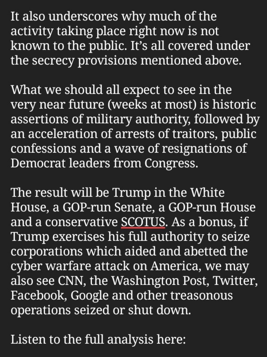 MASS ARRESTS & TRIBUNALS?What we should all expect to see in the very near future (weeks at most) is historic assertions of military authority, followed by an acceleration of arrests of traitors, public confessions and a wave of resignations of Democrat leaders from Congress.