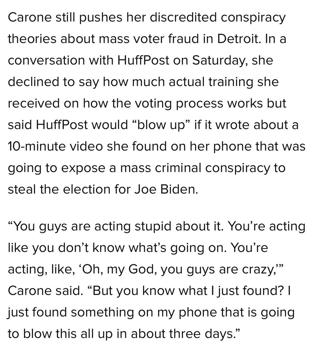 Still can’t believe I passed on this earth-shattering scoop, smh.  https://www.huffpost.com/entry/mellissa-carone-wright-rudy-giuliani-trump-voter-fraud-detroit-michigan_n_5fcb94e9c5b63a1534523506