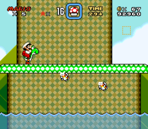 In Super Mario World, the water in some levels seems transparent, but it actually uses dithering to create fake transparency. The SNES COULD do transparency, but the level wouldn't be able to have a background, as shown in image 3, a prerelease image showing said transparency.