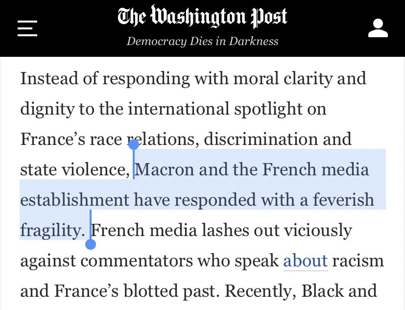 And just to force the new American conversation all the way into France, she actually accuses Macron of [white] “fragility” for his response to consecutive public beheadings: