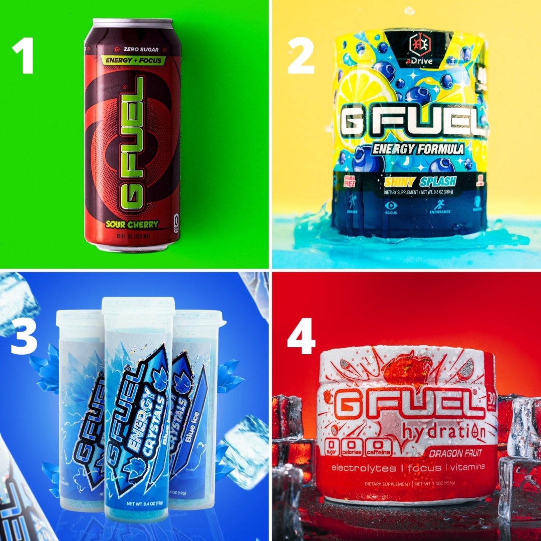 GFuelEnergy's tweet photo. What's your favorite version of #GFUEL? 🤔💬
 
1. CAN 🔋
2. ENERGY ⚡️
3. CRYSTALS 💥
4. HYDRATION 💧 https://t.co/2NhZrfX2e4