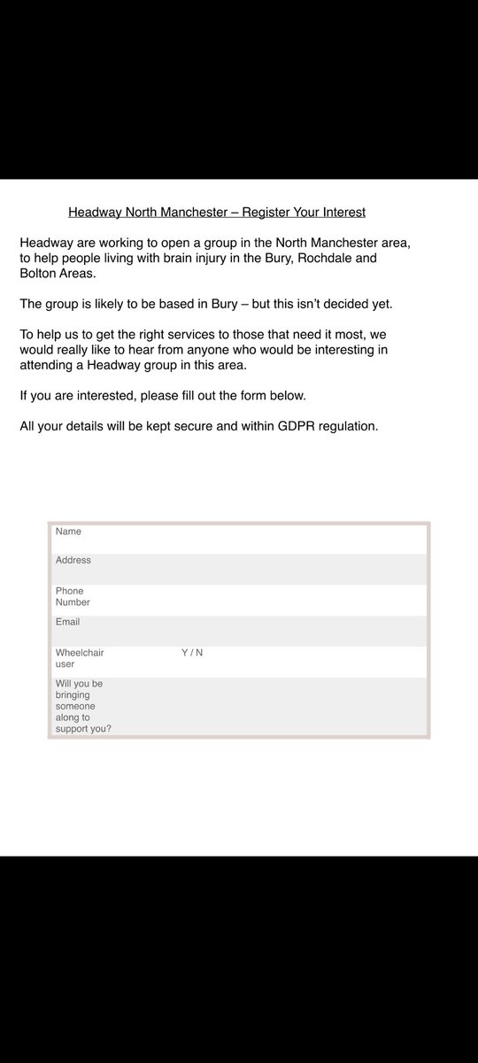 We are so pleased to hear about plans set up a new North Manchester <a href="/HeadwayUK/">Headway - the brain injury association</a> group here in Bury 🙌  Please share, register your interest, and send on to anyone you feel may benefit from the support of a local group. #headway #braininjury #bury