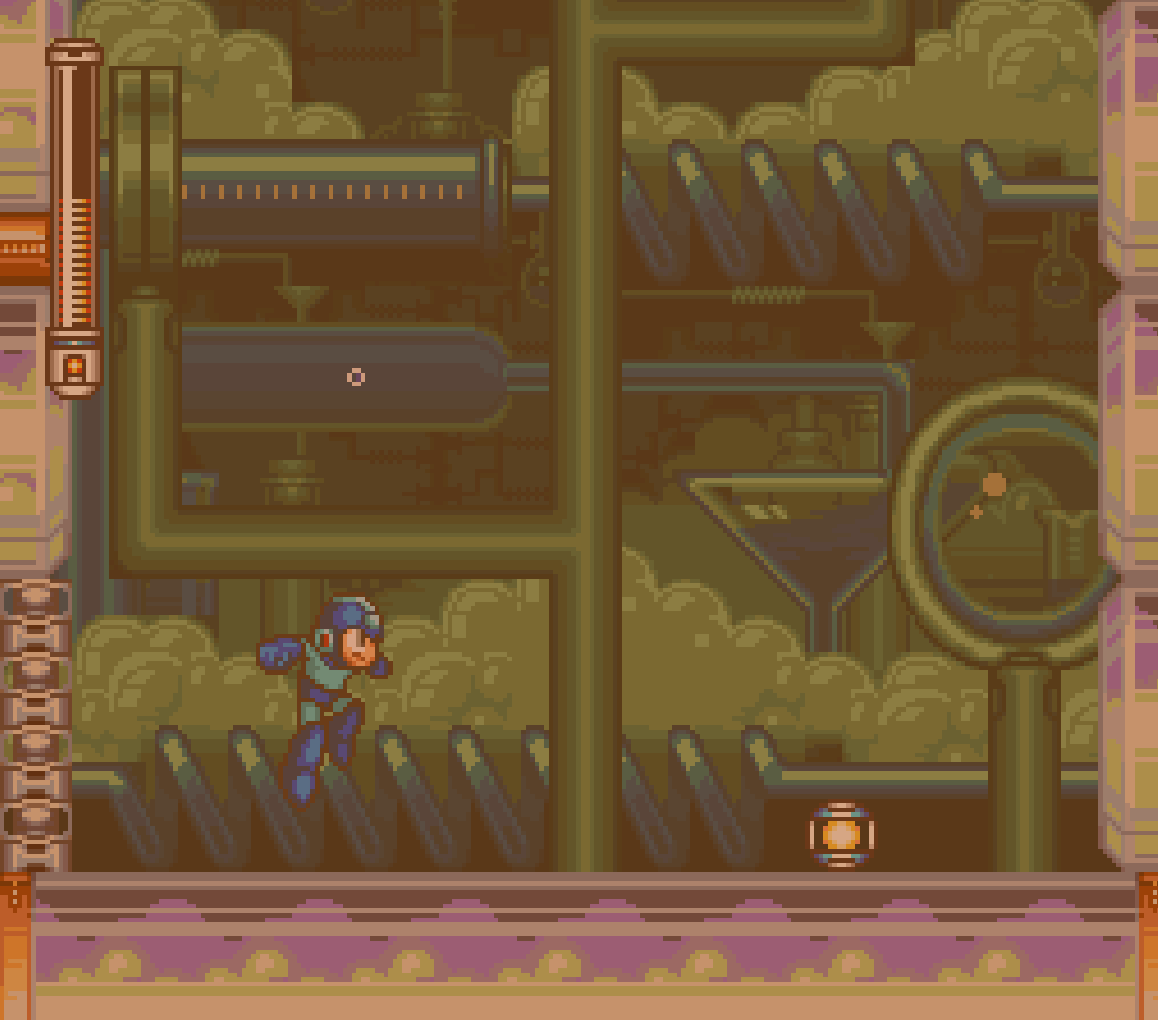 In Megaman 7, the water is truly transparent, and is by default, yellow. After beating the miniboss, the "water" turns purple and the surface changes. The surface then becomes bubbly.
