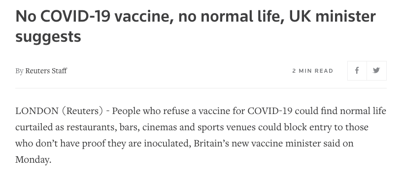 What seems new is an explicit attempt to 1) make every part of "normal life" conditional on vaccination,* and an experimental, poorly-tested one at that and 2) link vaccine status with an general digital ID that includes overall health status information.  https://www.reuters.com/article/uk-health-coronavirus-britain-vaccines-idUSKBN28A24R