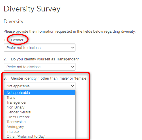 The Diversity Survey in your job application asks for the 'gender' of the applicant with options:MaleFemale.4/18