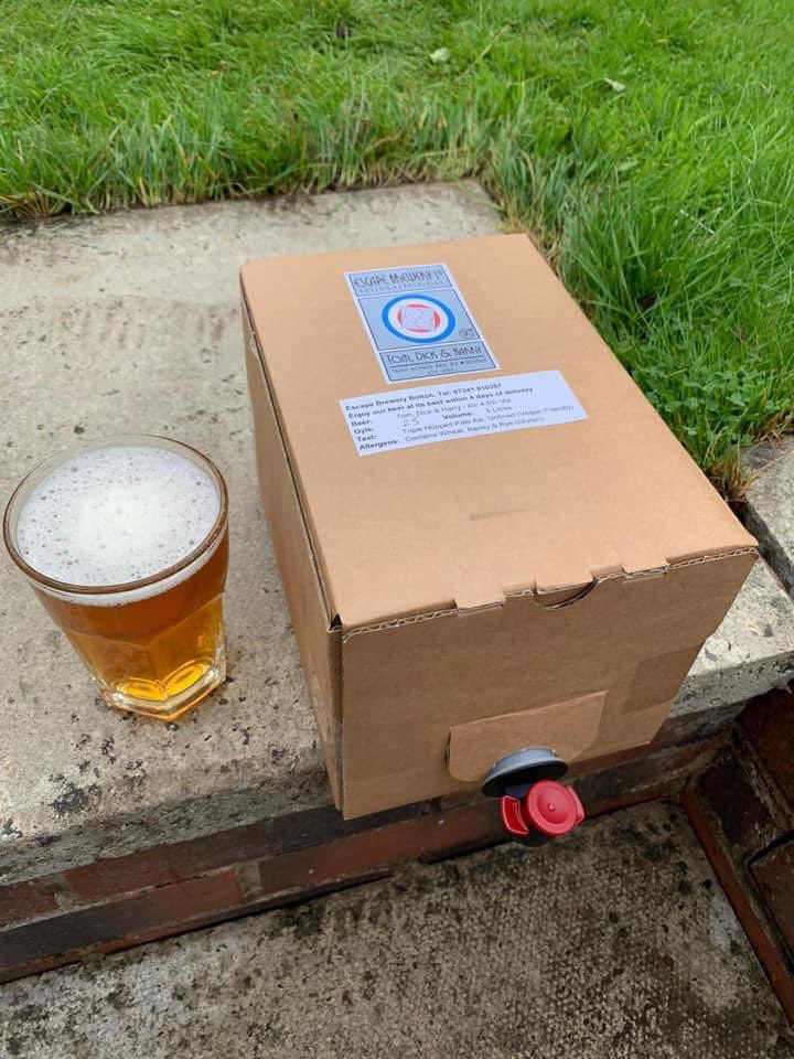 Escape_brewery's tweet photo. Wow! You are a thirsty lot this week! Just a limited number of Tom, Dick &amp; Harry our 4.5% Triple Hopped Pale left for delivery on Fri 11th Dec.

5 litre bag in box, just £22 delivered  throughout Bolton, Chorley &amp; surrounding areas.

Comment or DM to reserve yours now. https://t.co/7kRZnah5Nv
